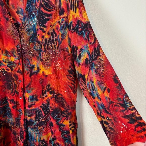 Chico's Design Vintage Rust/Orange/Blue Sheer Duster Mixed Animal Print; Size 3 - Picture 6 of 15